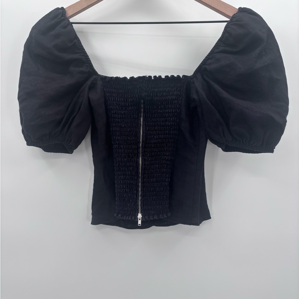 Reformation Sunnie Crop Top in Black Puff Sleeve 100% Linen Size 2 - Picture 4 of 6
